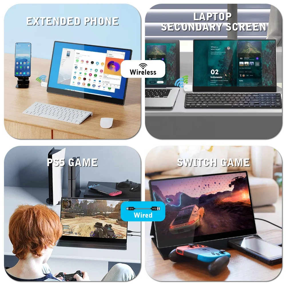 Wireless Touch 16 inch 1080P Monitor IPS Portable 15.6 inch 4K Touchscreen USB LCD Built in Battery Monitor for Laptop Phone