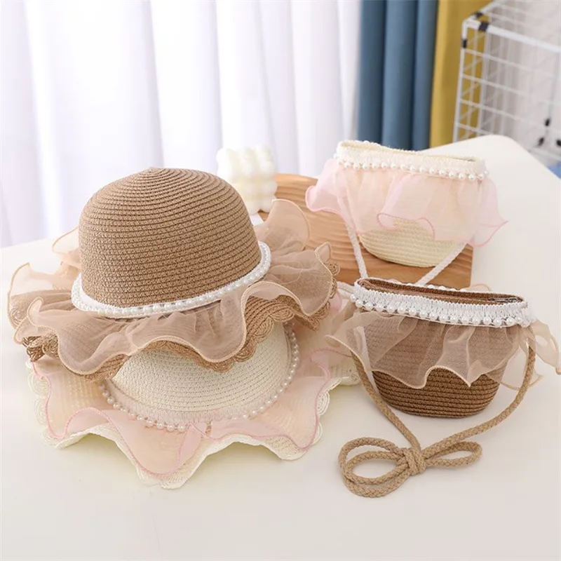 wide brim Summer children Beach Sun Hat baby Girl lace and pearl Bucket Straw Hat and bag set beautiful outdoor travel hat kids