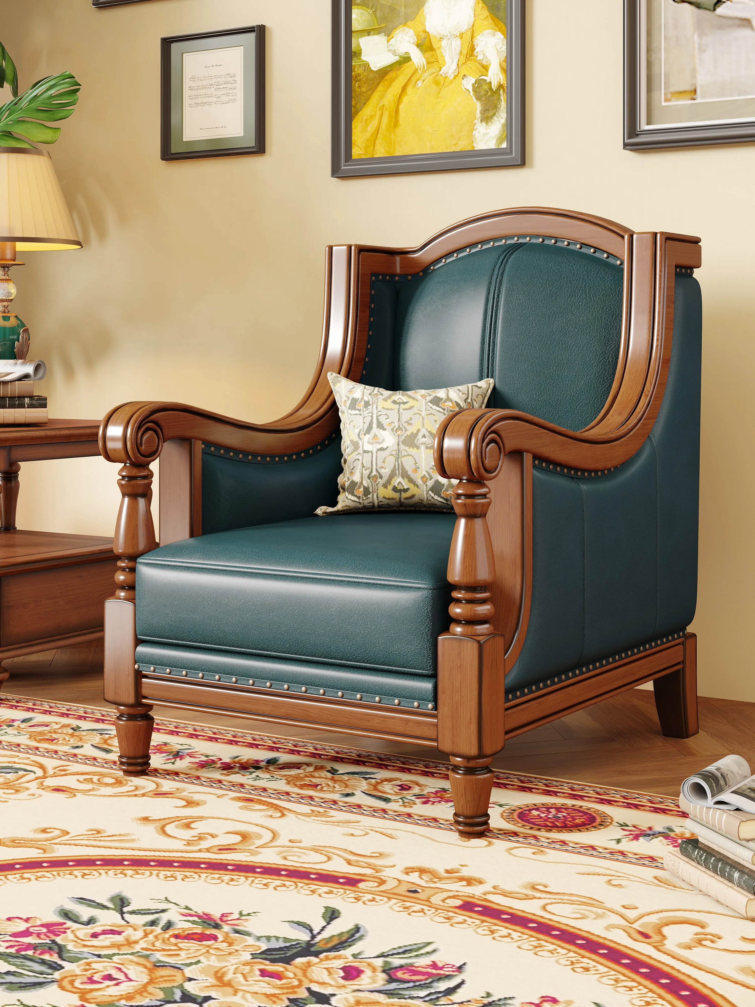 Solid Wood  1 2 3 Seater Sofa Set Antique American Living Room Furniture Top Grain Leather Sofa for Villa Home