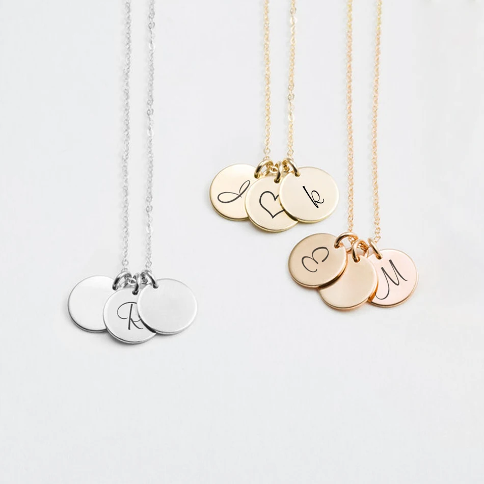 13MM Stainless Steel Engraved Personalized Disk Necklace with Tiny Initial Custom Kids Initials Necklace Letters Gift For Mom