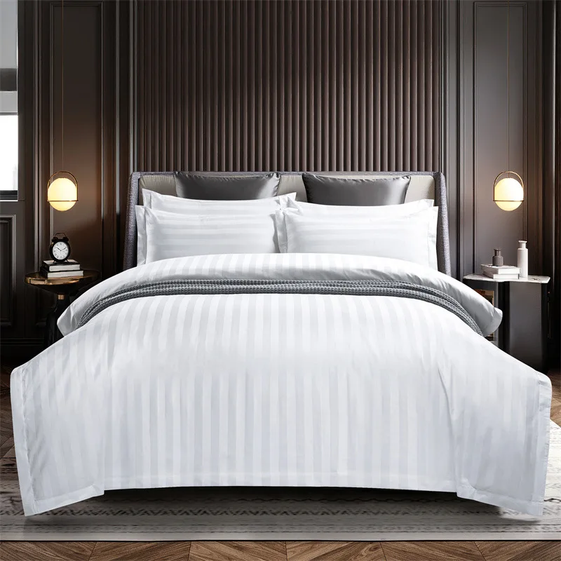 Hotel Supplies 100% Cotton Textile Custom 400TC Satin 3Cm Stripe Jacquard Hotel Bedding Set