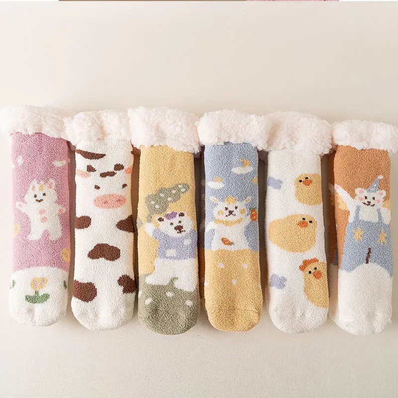 Coral Fleece Non-slip Floor Socks Fuzzy Slipper Socks Winter Thermal Colorful Fleece Lining Christmas Winter Terry Socks