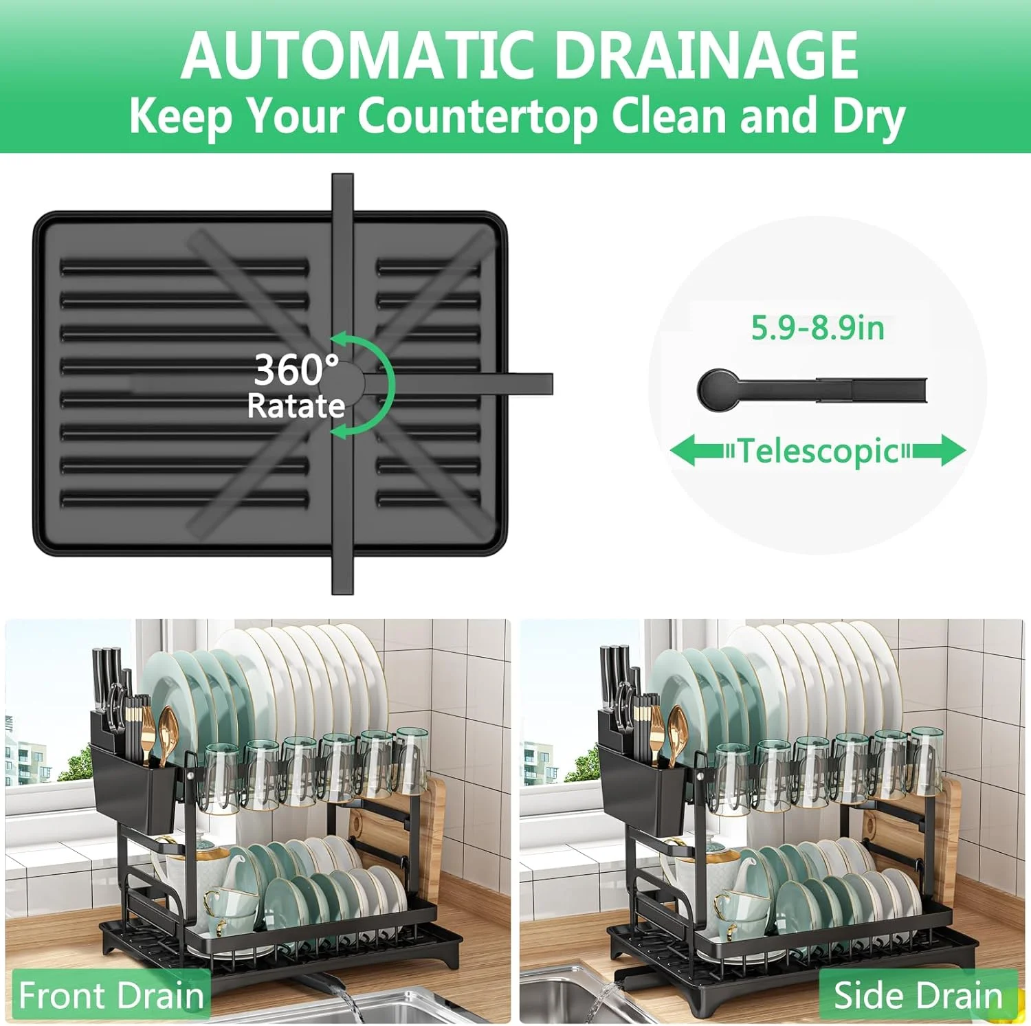 Two-Tier Dish Drying Rack with Cutlery Organizer, Plate Stand, and Removable Water Drip Tray for Compact Kitchens