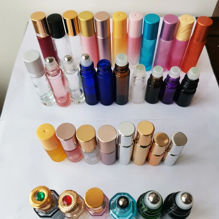 essential oil perfume 5ml 10 ml clear blue amber glass roll on bottles with roller stainless steel ball