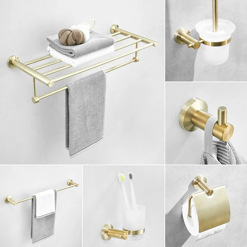 High quality Hotel wall mounted  towel bar Stainless steel sus304 towel rack Brushed gold bathroom accessories set