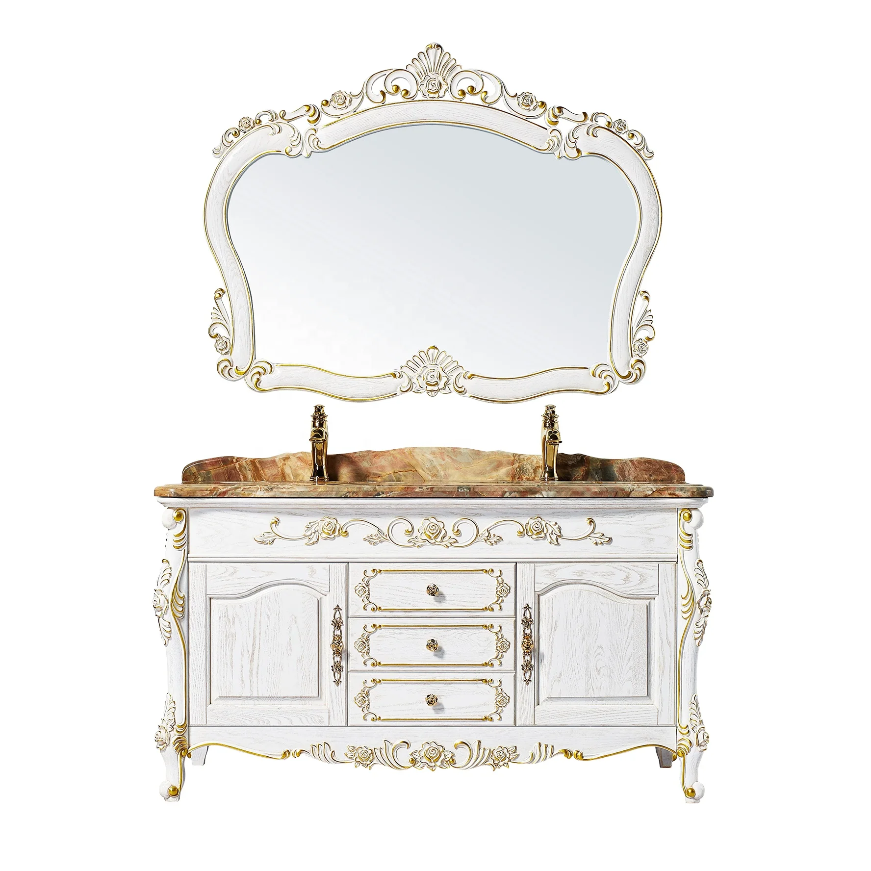 
High-end Hotel Luxury Antique Vanity Bathroom Solid Wood With Double Sink 