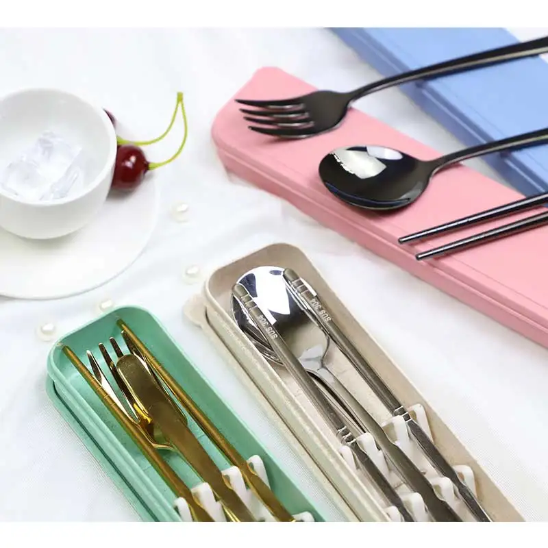 
Korean 304 stainless steel wheat cutlery set tableware gift three-piece in a case chopsticks soup spoon fork set 