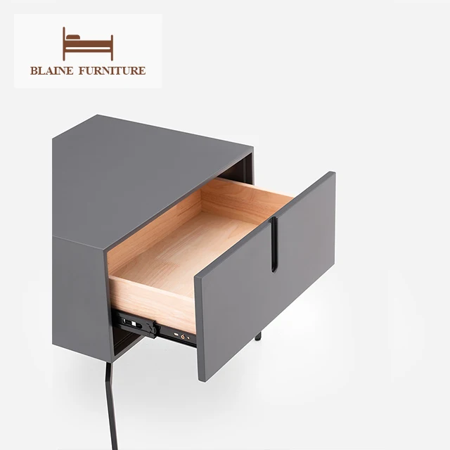 Nordic Modern Black Legs And Grey  MDF With Metal Drawer Bedside Table Storage Nightstand Modern