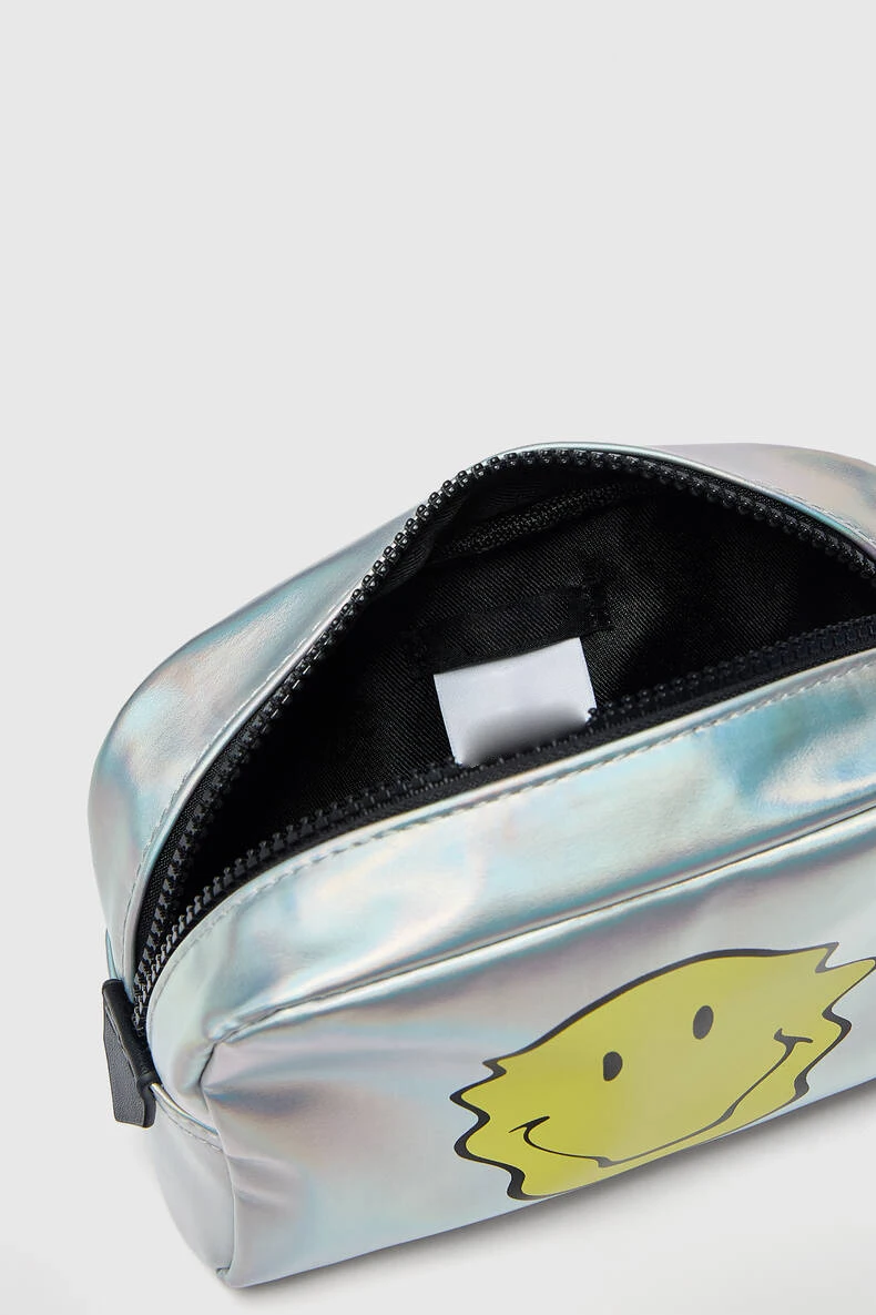 Custom travel Zipper Pouch Personalized Fashion Cosmetic Bag Make up bag with Smile  Iridescence PU For Women