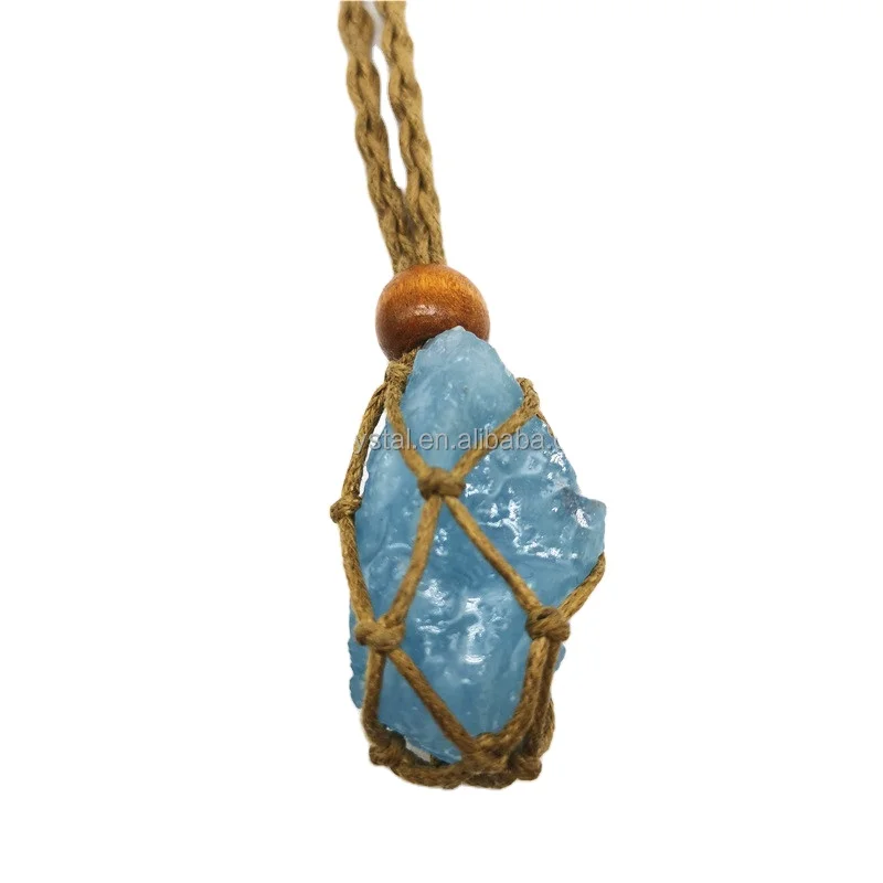 Natural Crystal Stone Aquamarine Raw Gemstone Aeroides Crystal Hand-woven Net Stone Holder Healing Crystal Stone Jewelry