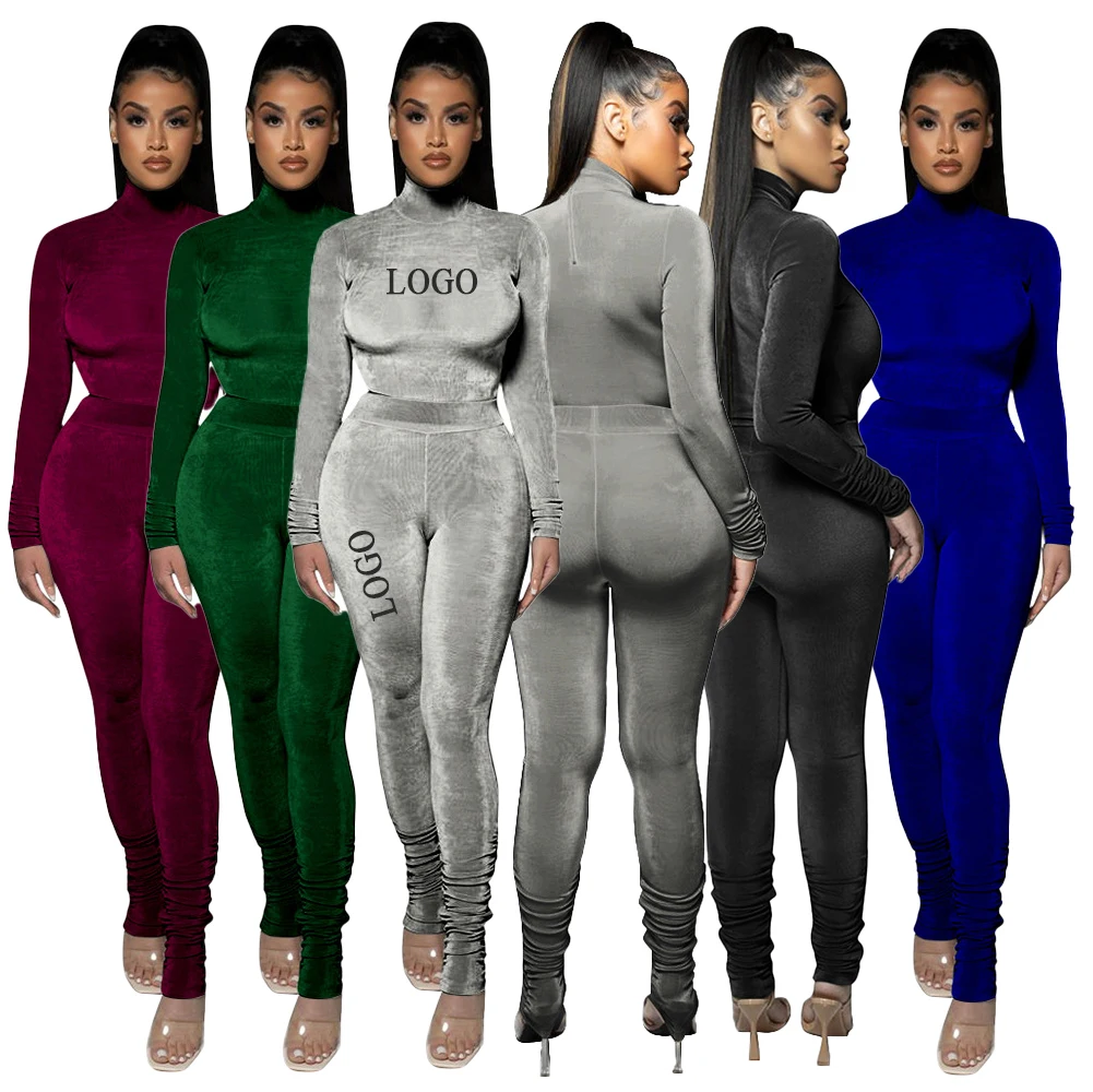 turtleneck sexy club top women private label crop top leggings tight track suit outfits two piece casual velour lady tracksuit