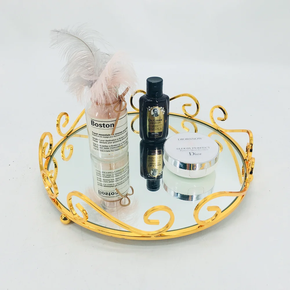 Stylish Gold Color Round Mirror Tray Perfume Vanity Decor Metallic Glass mirror Tray