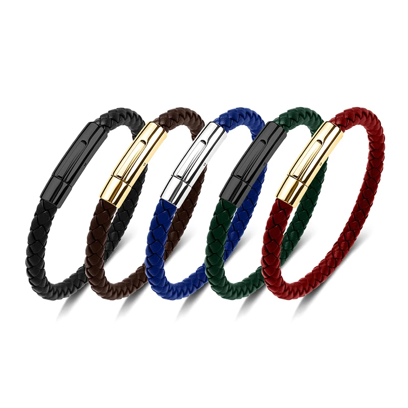 Personalized 6mm Synthetic Leather Wrist Band Black Red Blue Stainless Steel and Leather Bracelets for Men Jewelry Use