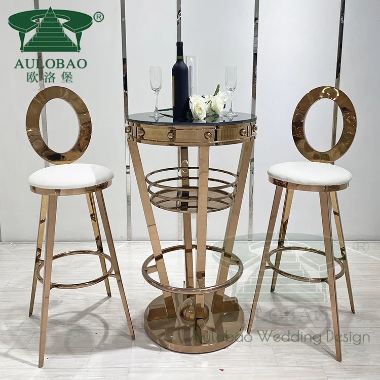 Party rental rose gold stainless steel round high back leather bar stool