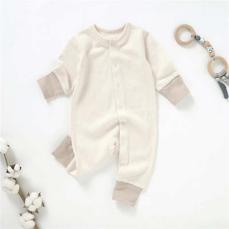 Новый дизайн мягкие вафельные комбинезоны контрастных цветов детские без ног комбинезон для новорожденных