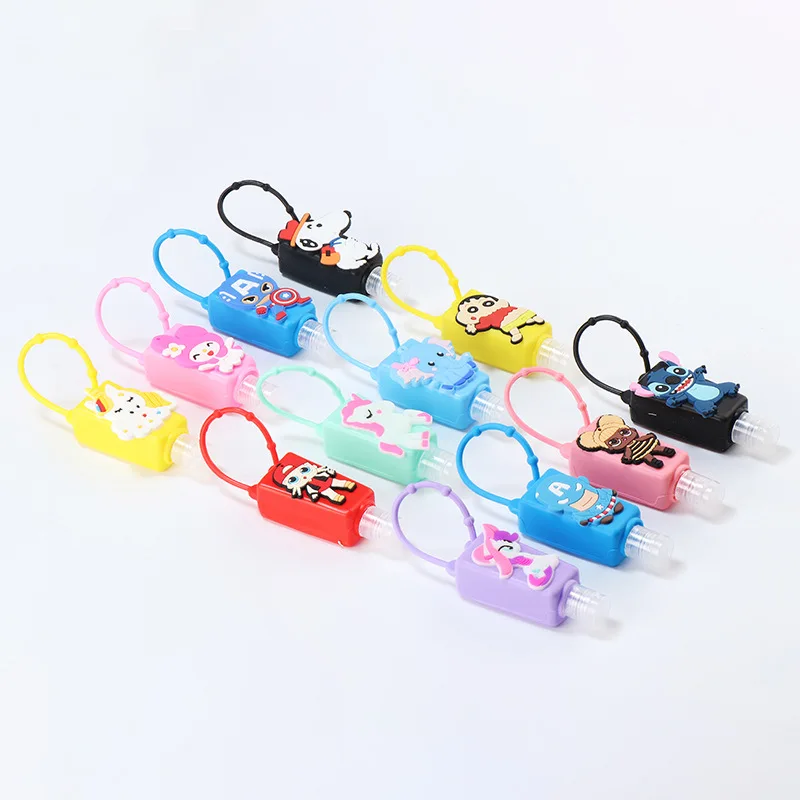 Mini portable silicone sleeve cartoon hand sanitizer alcohol gel bottle holder keychain for kids