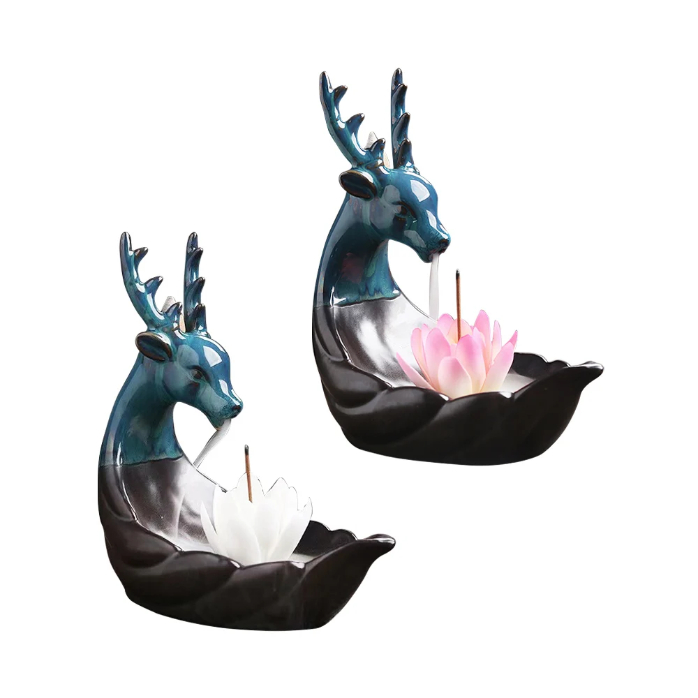Incense Stick Holder Ceramic Deer & Lotus Waterfall Incense Burner