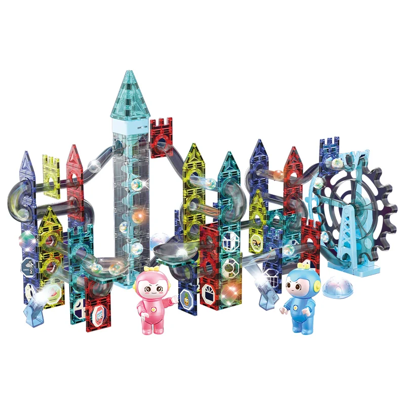 Magnetic Marble Run Plastic Building Block Set Magnetic Tiles Sky Wheel Magnetic Blocks Toy with Light and Music DIY Construct