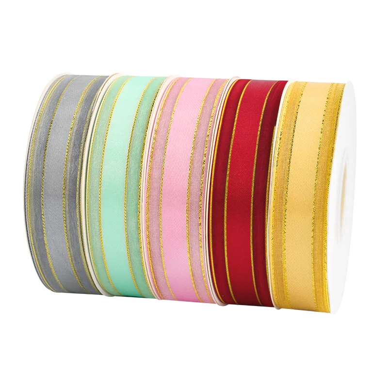 Gold Wire Edge Gift Satin Silk Ribbon Chiffon Crafts Flower Cake Boxes Packaging Custom Ribbons With Logo