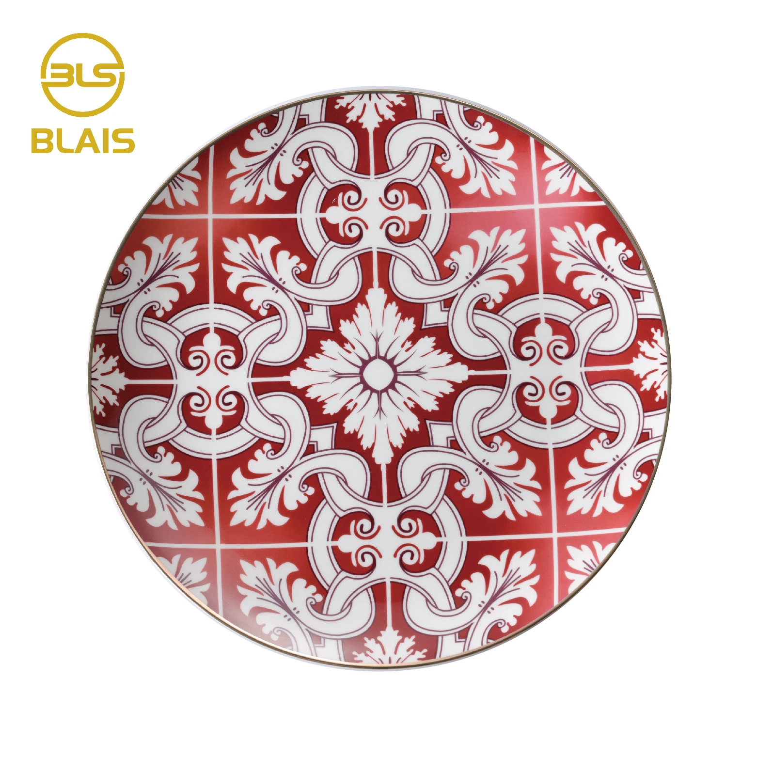 Red Turkey design pattern ceramic plates porcelain dinner sets with gold rim , fine bone china dinnerware for wedding tablescape