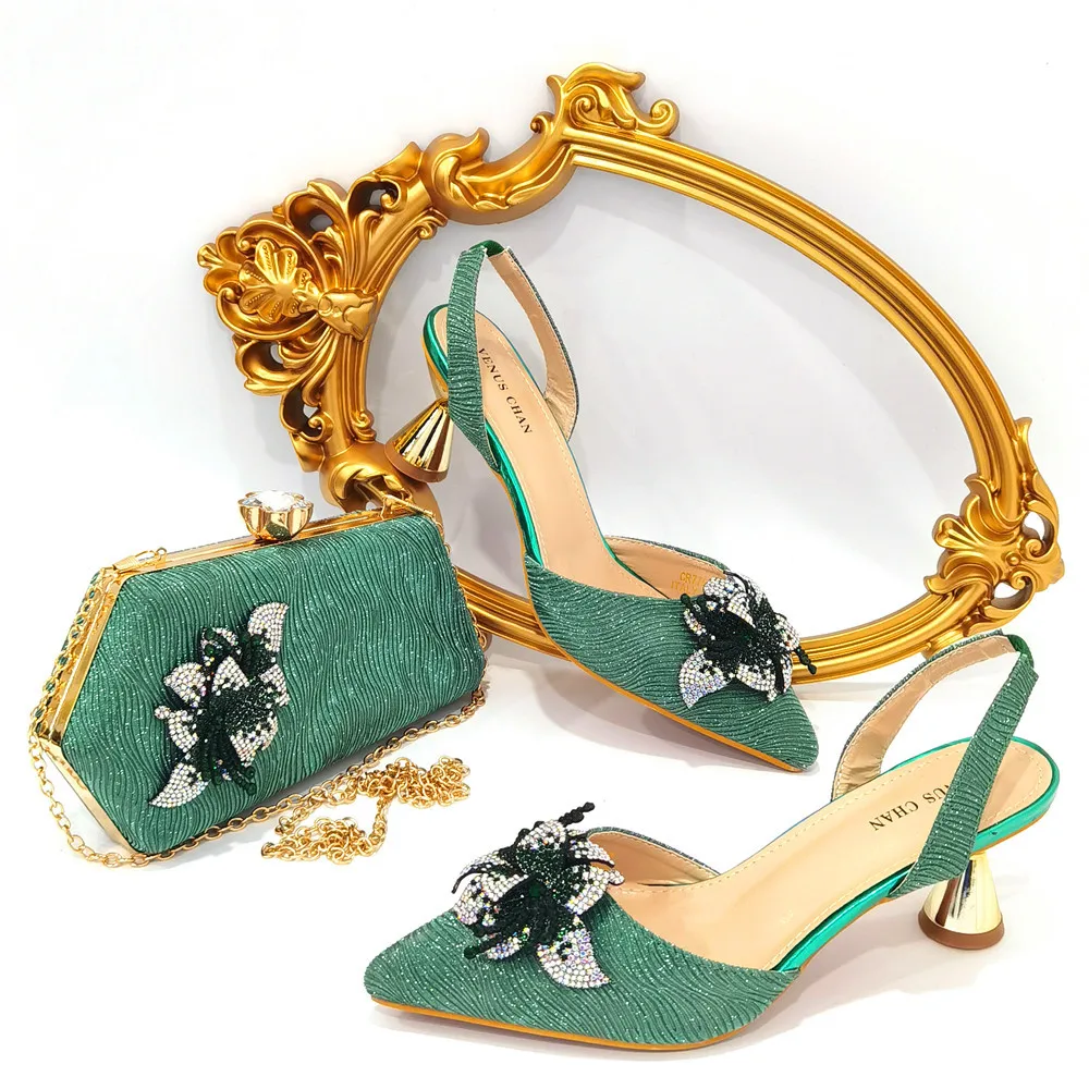2023 New Arrive Shoe And Bag Set For African Women Square Heel Low Heel Women Italian Shoes Blue Shiny Sandals Bow Tie Slippers