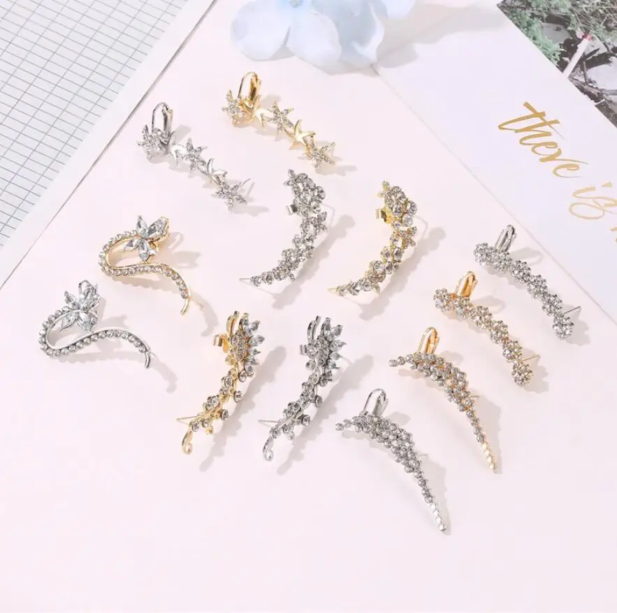 Wholesale Fashion Alloy Crystal Statement Punk Earrings Cuff Climber Full Rhinestone Crystal Leaf Ear Cuff Clip Earrings for Wom