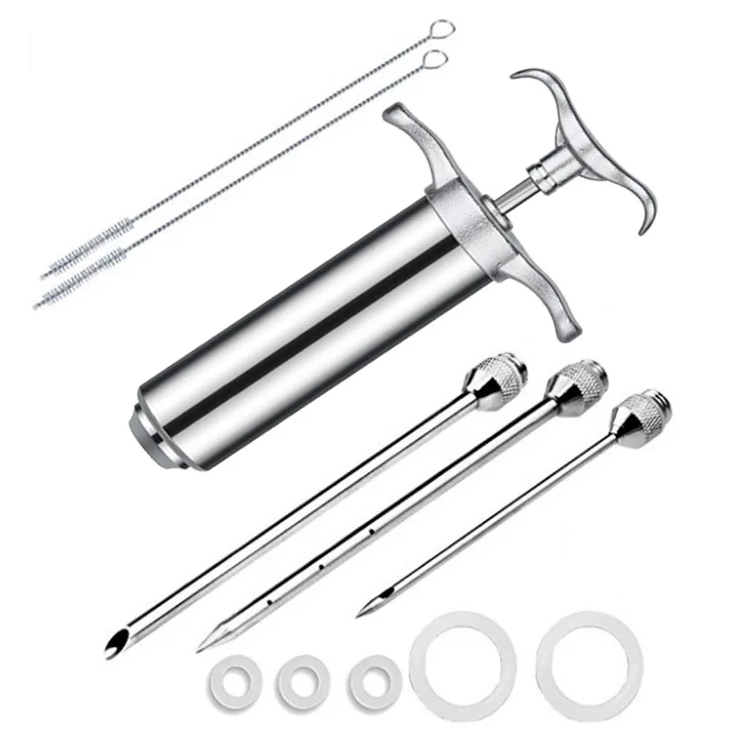 Amazon Hot Sale  2oz Heavy duty 304 Stainless Steel Meat Marinade Injector with 3Needles Turkey meat seasoning Injector Syringe