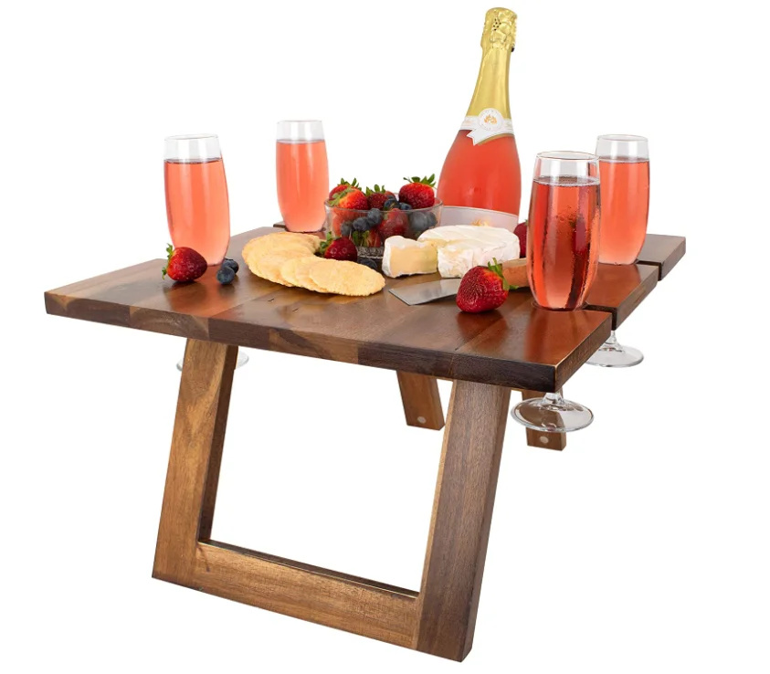 Portable Folding Wine Champagne Acacia Wood picnic table with Foldable Legs, Food-Safe Top, Bottle & Glass Holders