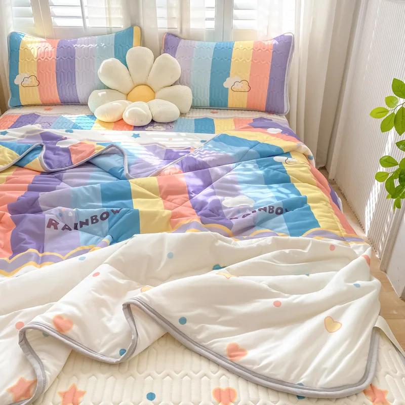 Wholesale summer cool silk washable print pattern bed mattress latex mat summer quilt bed sheet and pillowcase set