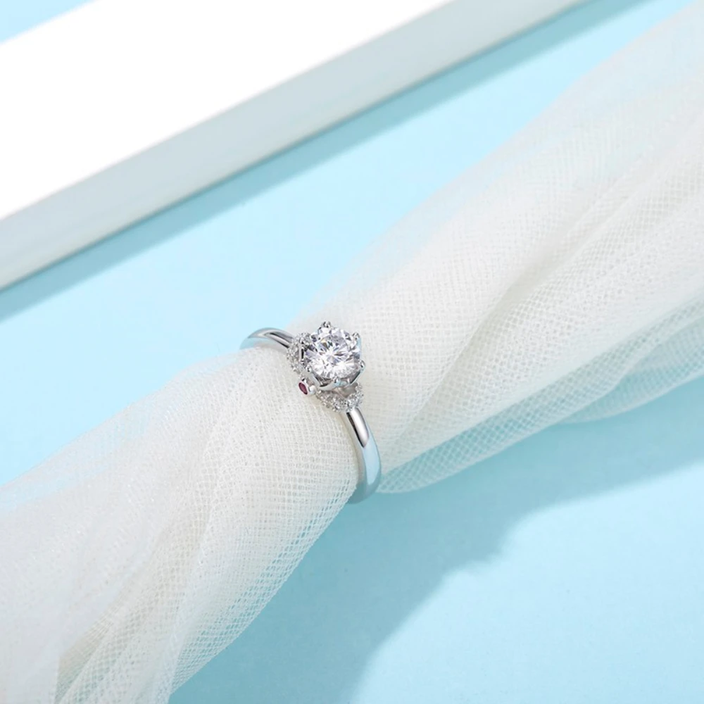 925 Sterling Silver 1ct Center Moissanite Stone 6 Prong Solitaire Engagement Ring with Red Ruby Accents