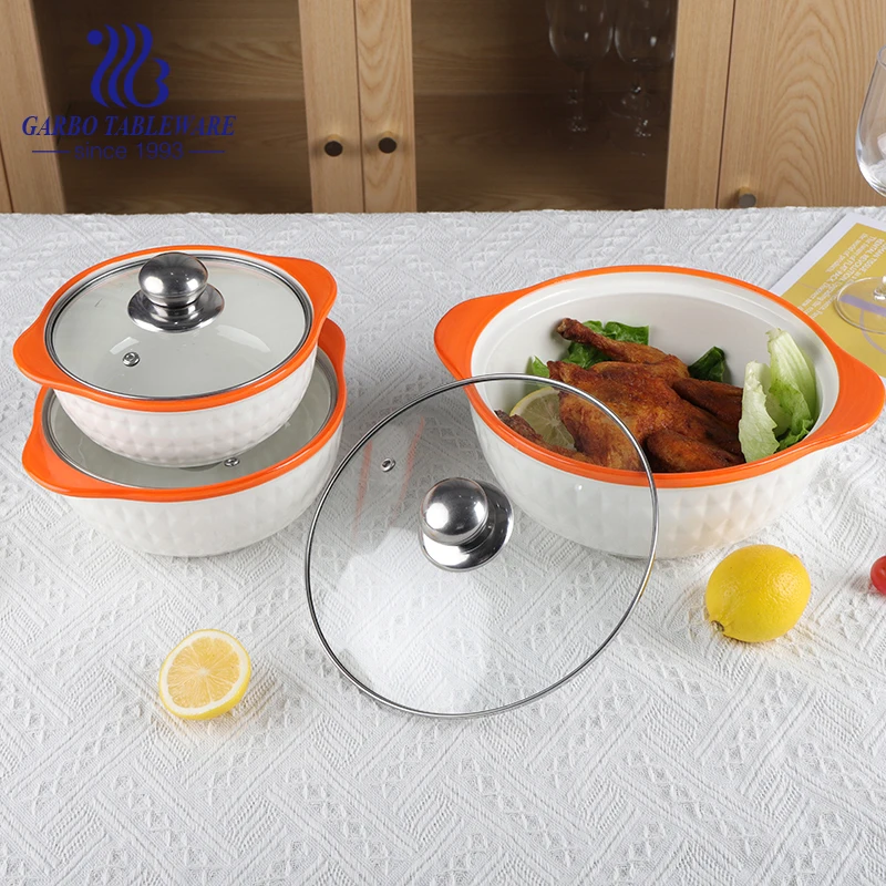 Ceramic Bakeware Set with glass cover baking casserole Dish with Lid Covered Round White Porcelain Casserole Cookware Set