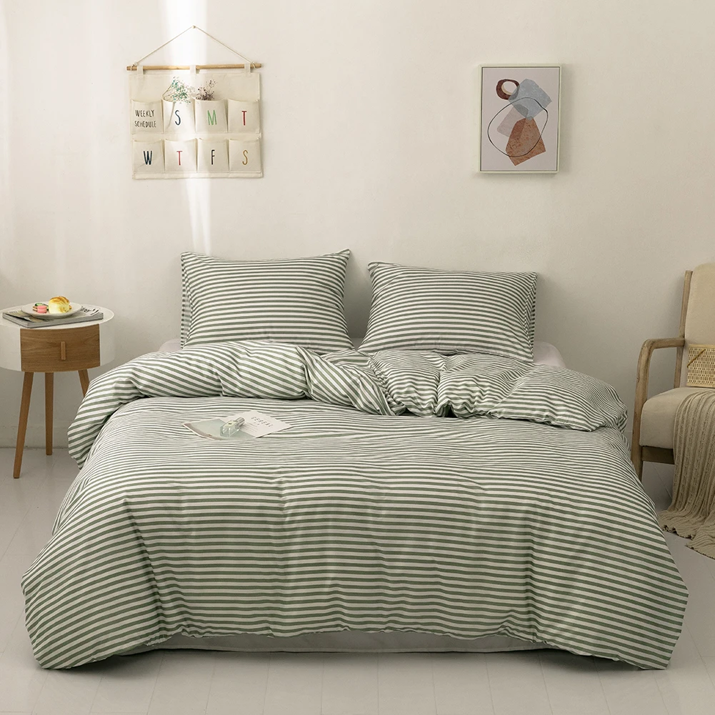
new korean design for kids pillow cover spread Green stripes plain Printed sheet sets bedding wholesale 