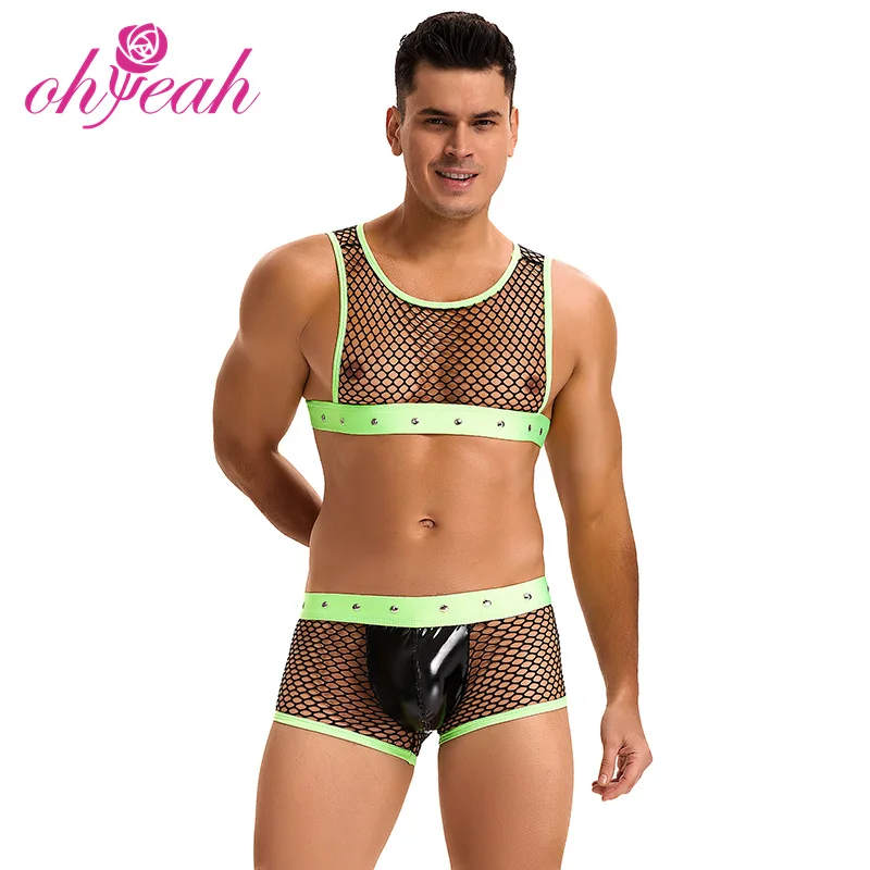 New arrival fashion mens lingerie fishnet cropped tank top briefs rivet adult dance costume shorts sexy outfit lingerie for men