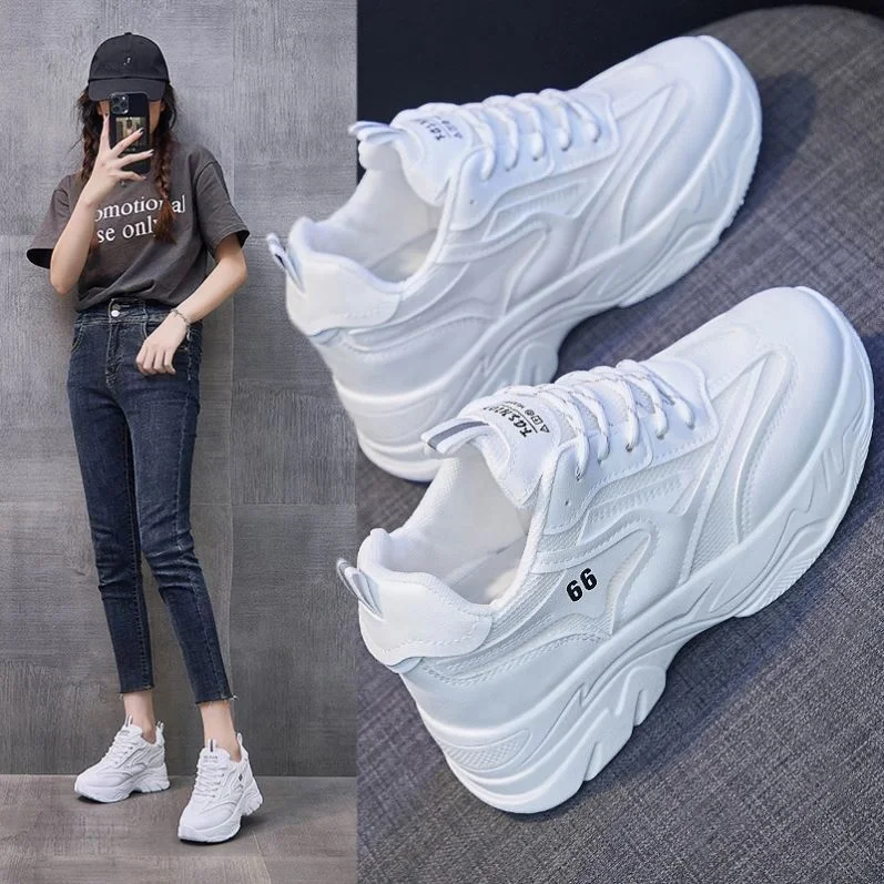 2020 new autumn high quality Custom sheepskin upper running chunky woman sneakers white sport flat footwear white walking shoes