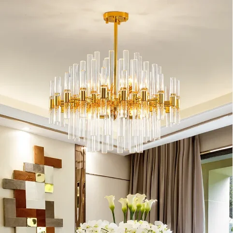 Modern simple luxury living room lobby golden chandelier glass tube villa chandelier