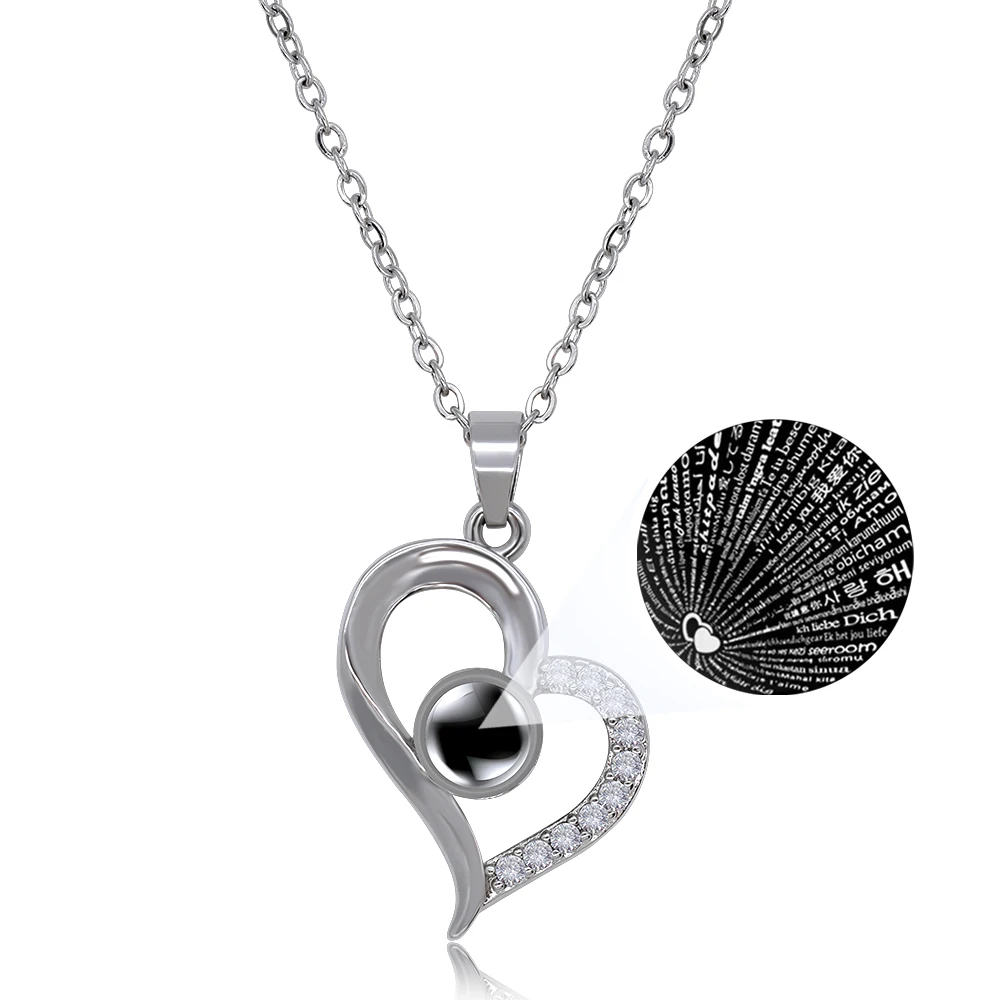 New Arrived Stainless Steel 100 Language I Love You Fashion Heart Pendant Projection Necklace Unique mother  daughter necklace