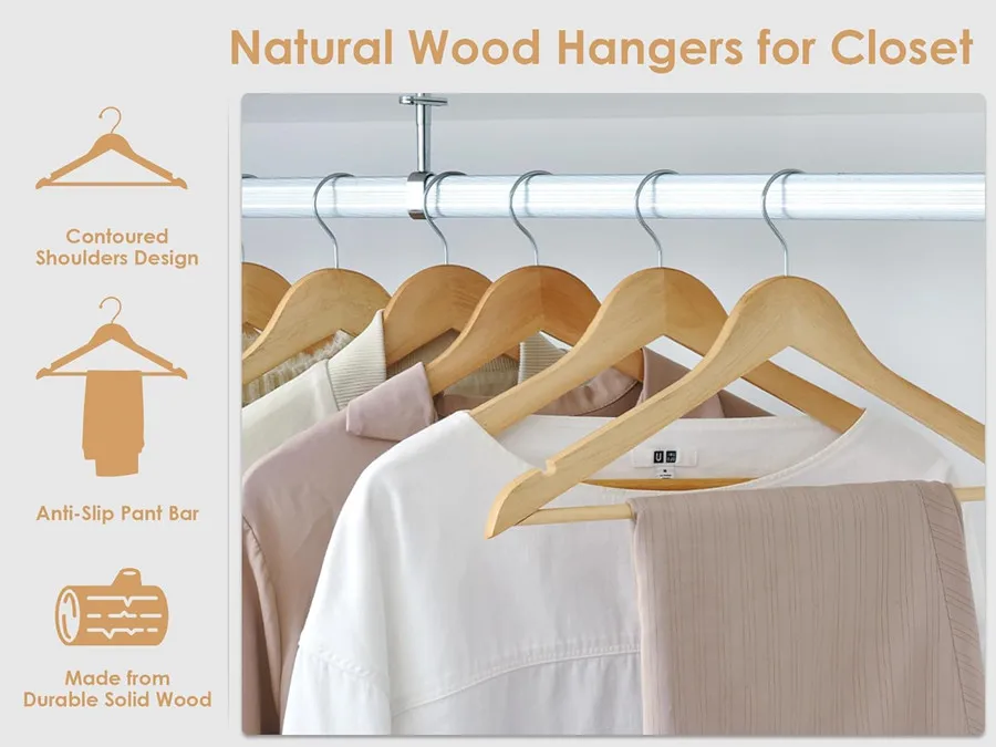 Natural Wood Hangers for Cleaning Home Vintage Wooden Clothes Hanger Smooth Finish with Non Slip for Coats Shirts Jackets Pants
