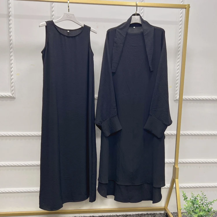 Dubai Jazz Crepe Long Sleeve Khimar Dress Jilbab Two Piece Set Islamic Muslim Women Turkey Middle East Solid Prayer Robe Caftan