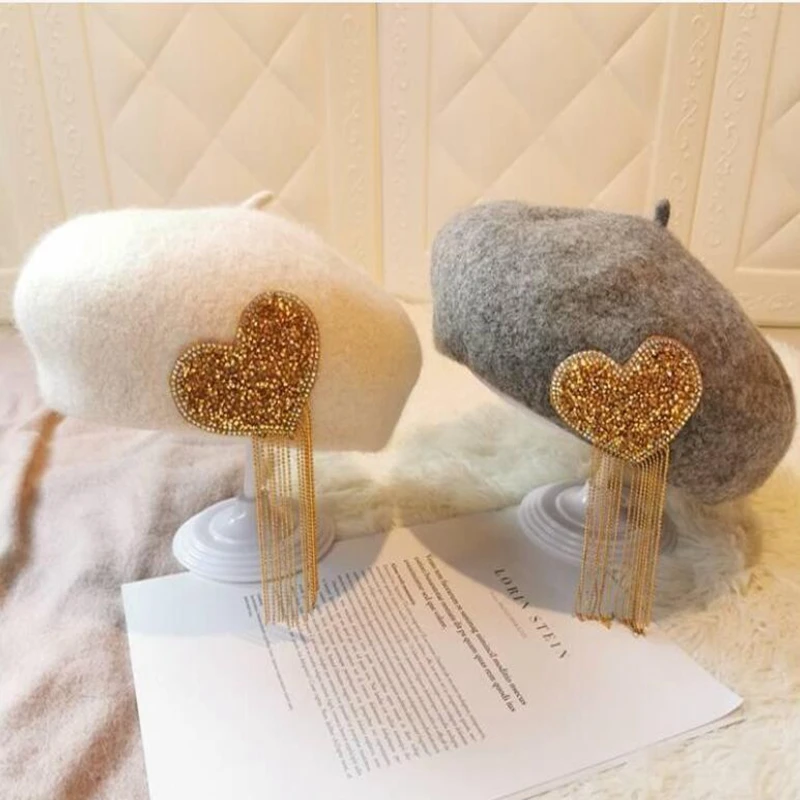 Зимняя шерстяная вязаная шапка из материалов берет шапки модные французские фетровые с кисточками и сердечками милый