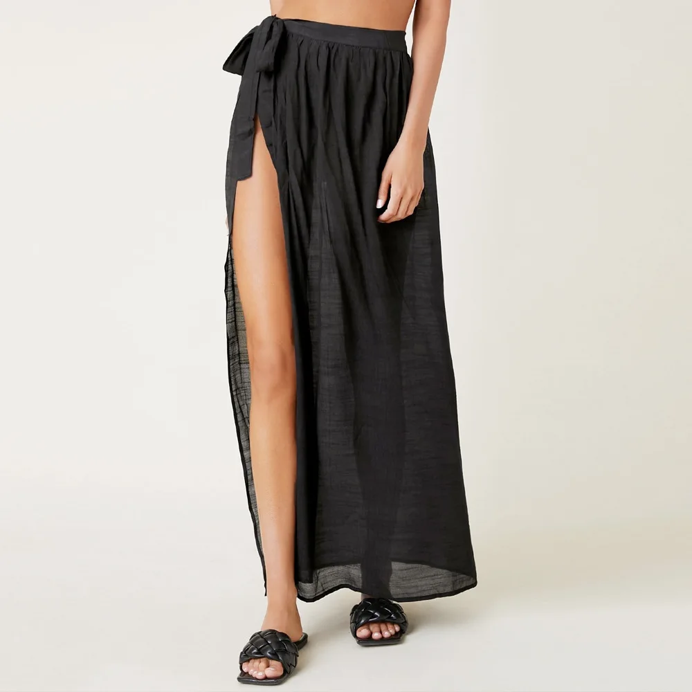 Women Summer Beach Style Long Sexy Skirt VD2907 Solid Color Perspective Sun Protection See Through Wrap Skirts