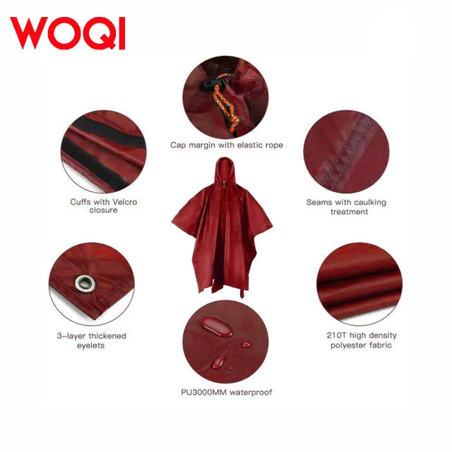 WOQI 210T Breathable Lightweight Adults Raincoat Waterproof Polyester Rain Poncho for Outdoor Camping & Hiking PU Cloak