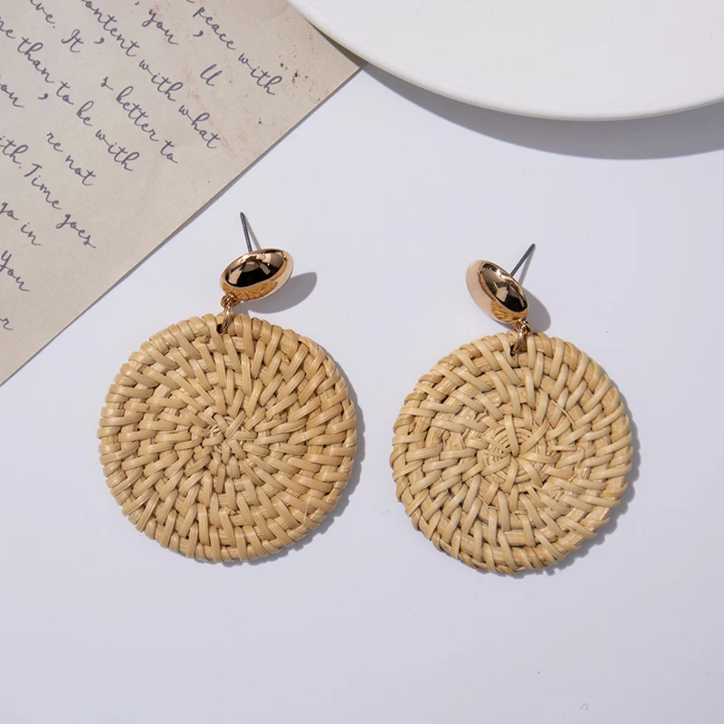 Rattan Earrings Women Summer Hoop Wicker Straw Handmade Beach Jewelry Woven Round Drop Dangle Earrings