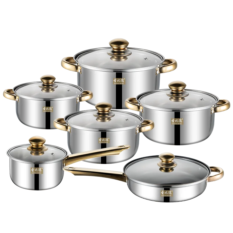 Stainless Steel Non Stick 12pcs Gold Handle Kitchen Cooking Pots Cookware Set Fry Pan