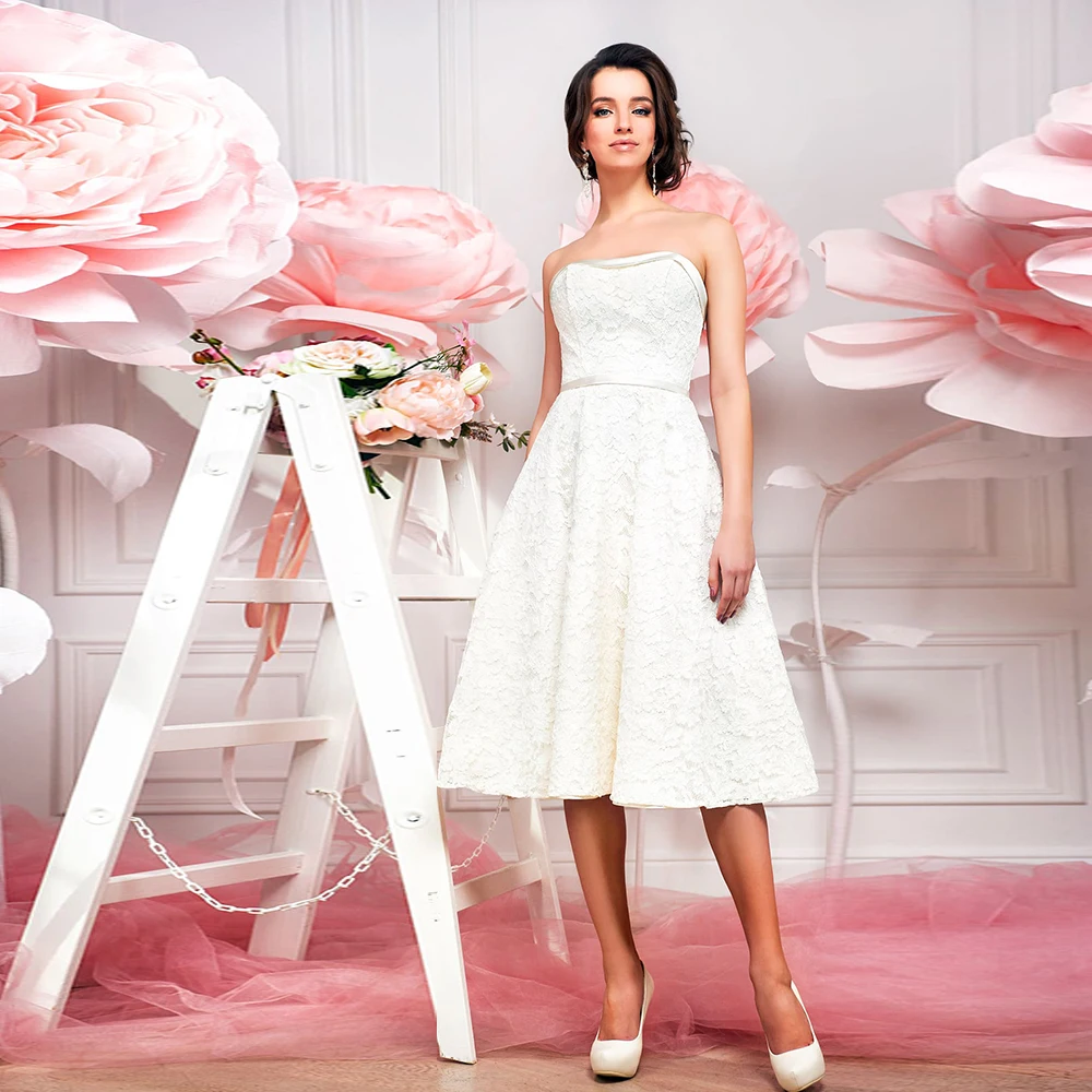Индивидуальный заказ по колено с кружевом и короткими Свадебные платья Vestido De Novia Corto без бретелек шеи маленькие свадебные платья Matrimonio