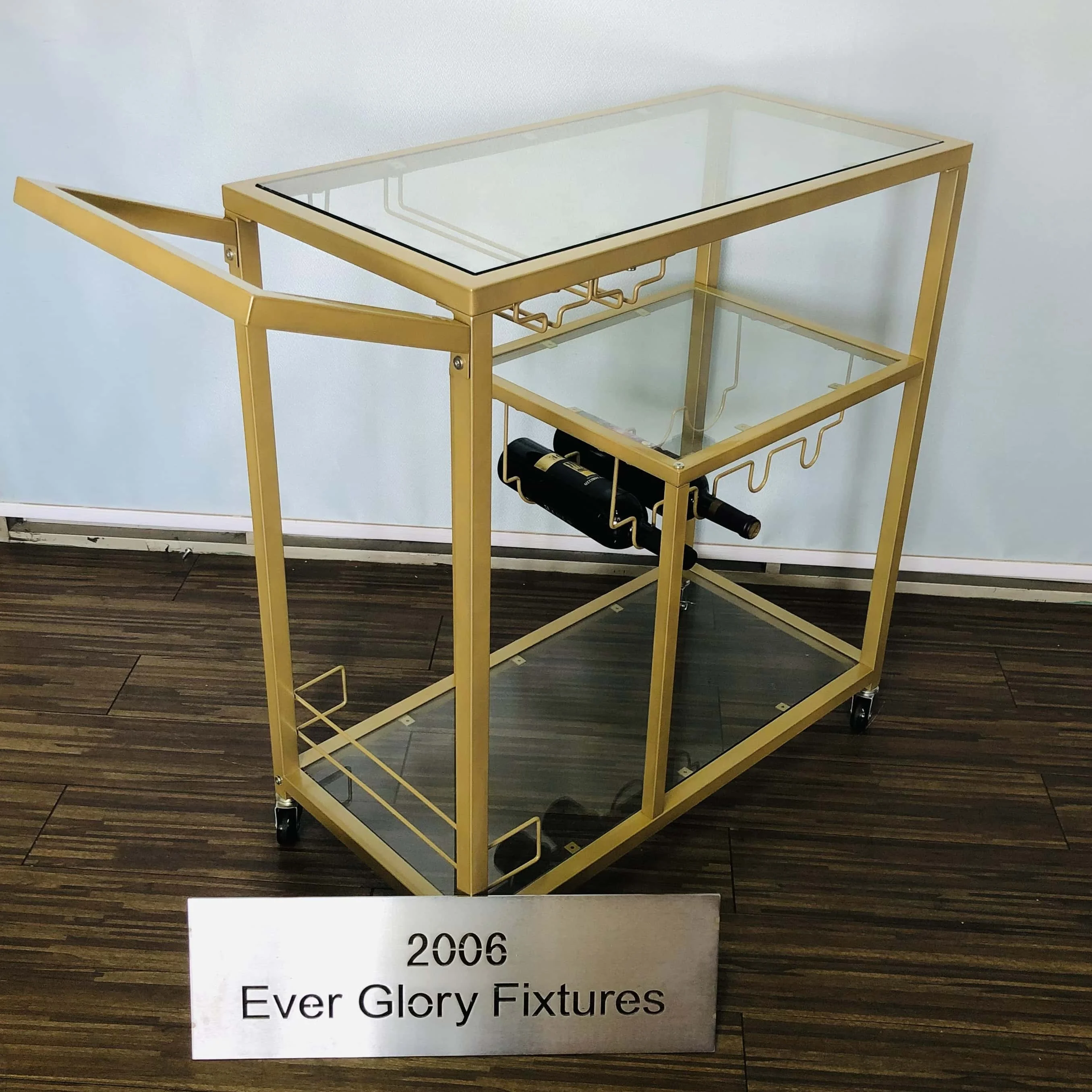 Metal Bar Cart with Glass for Home or Wine Bar with Hanging Wine Rack