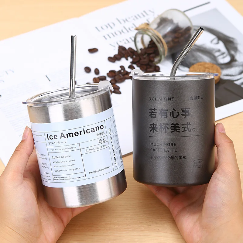 12oz Straight Mugs Ice Coffee Tumbler Stainless Steel thermos  Insulated Coffee Tea Mug Beer Drinking Cup  With Straw Lid