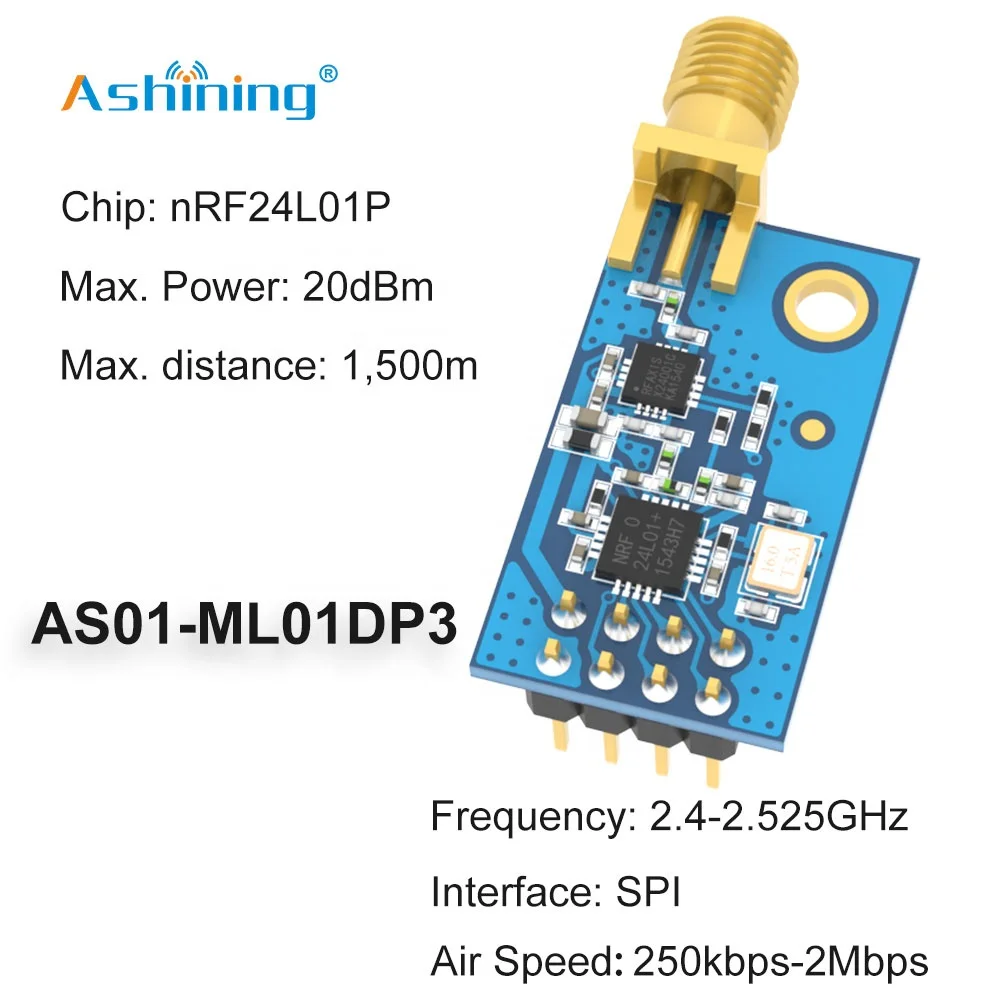 2.4GHz 100mW AS01-ML01DP3 Industrial Wireless Data Transceiver Module SPI Port SMA Connector nRF24L01P PA LNA