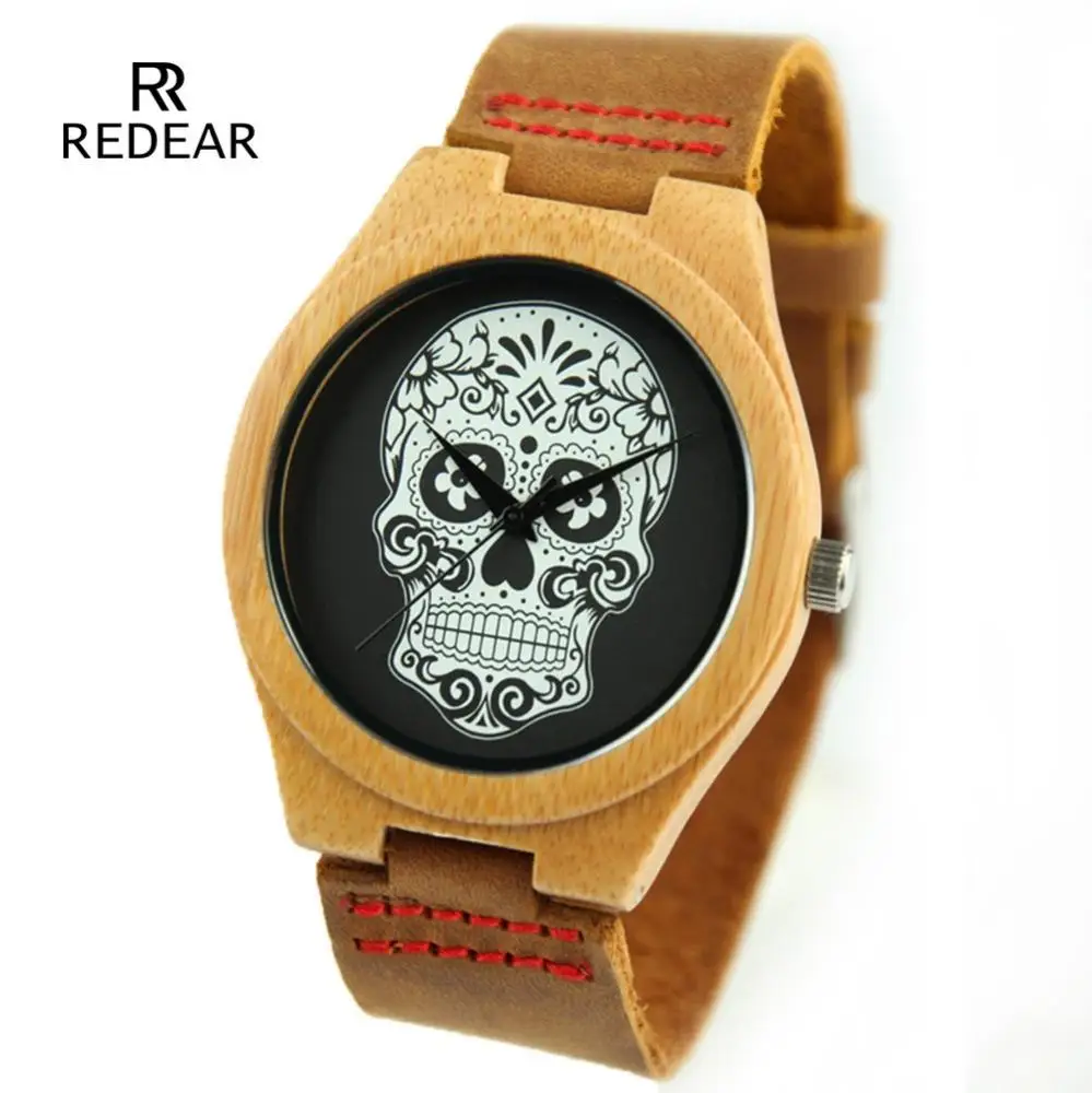 Redear  SJ1448 New Skull Collection Natural Wood Watches Men Leather Lovers Luxury Wristwatch Women