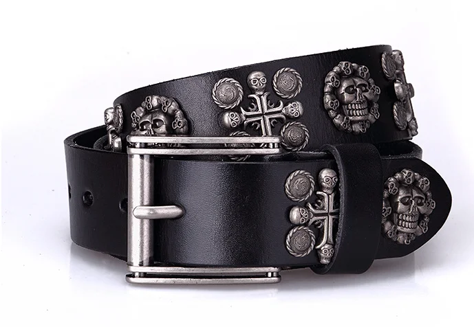 Cowboy Cowgirl Western Top Grain Cow Hide Punk Studded Genuine Leather Skull Belt