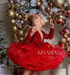 Long Sleeves Sequin Tulle Wedding Flower Girl Dress Kids Party Dress TUTU Dress with Horsehair